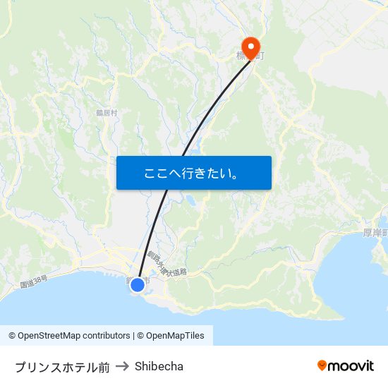 プリンスホテル前 to Shibecha map