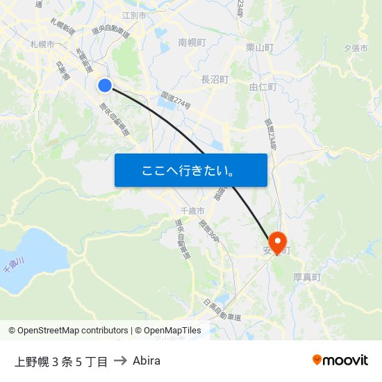 上野幌３条５丁目 to Abira map