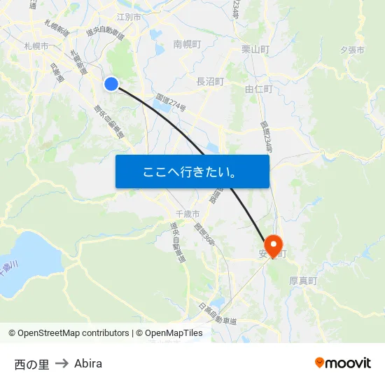西の里 to Abira map