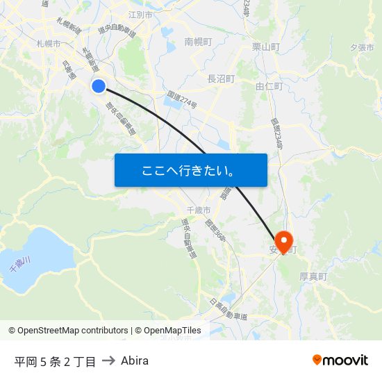 平岡５条２丁目 to Abira map