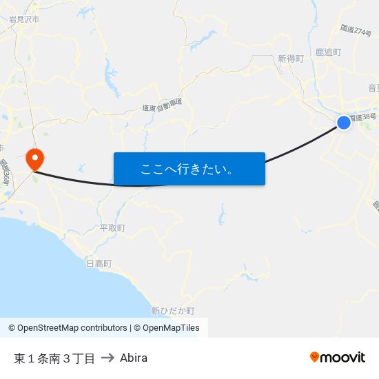 東１条南３丁目 to Abira map