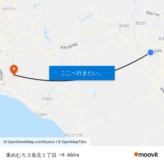 東めむろ３条北１丁目 to Abira map