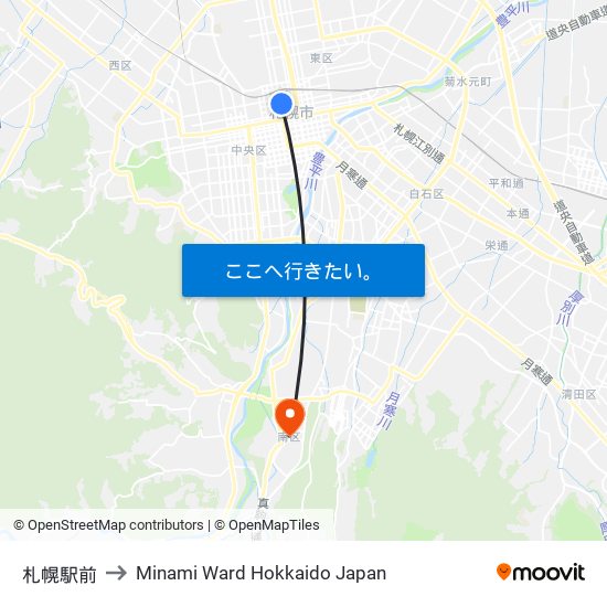 札幌駅前 to Minami Ward Hokkaido Japan map