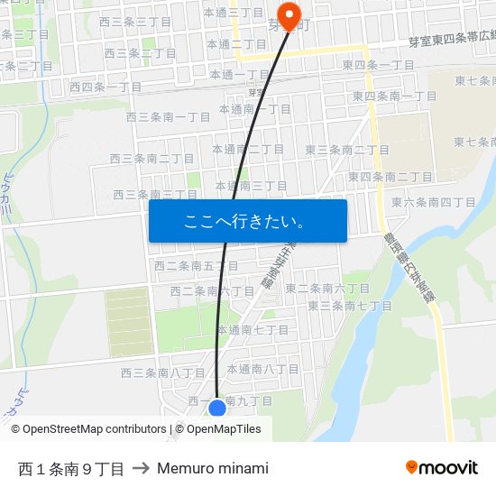 西１条南９丁目 to Memuro minami map