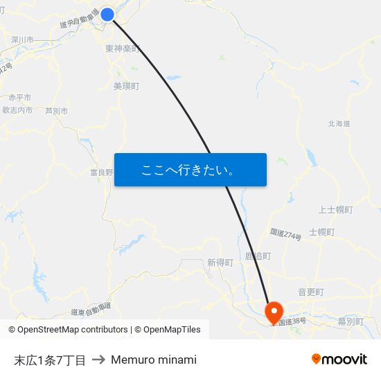 末広1条7丁目 to Memuro minami map