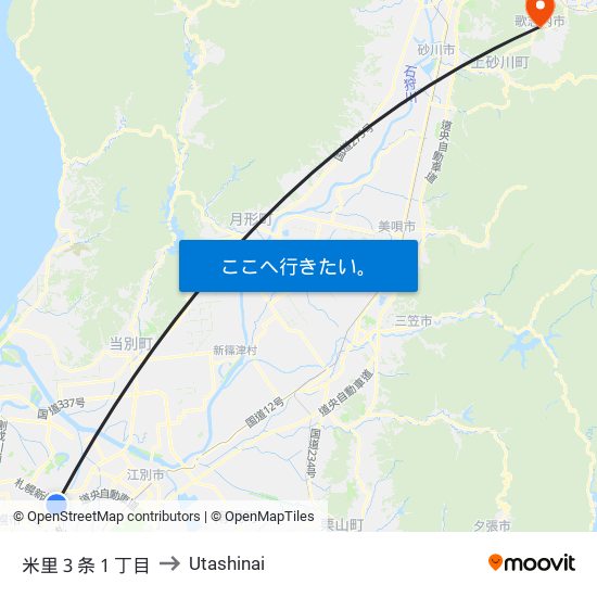 米里３条１丁目 to Utashinai map