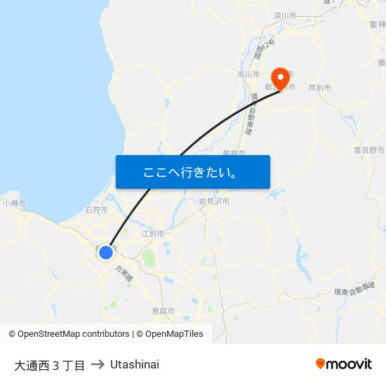 大通西３丁目 to Utashinai map