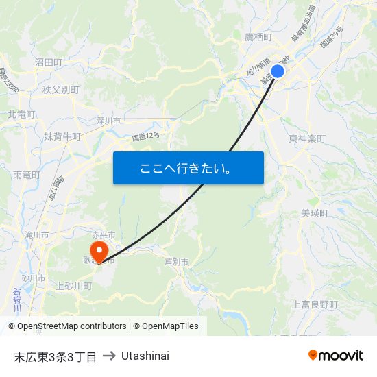 末広東3条3丁目 to Utashinai map