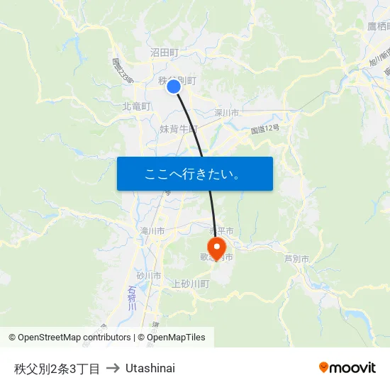 秩父別2条3丁目 to Utashinai map