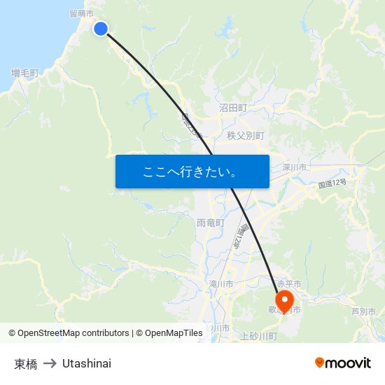 東橋 to Utashinai map