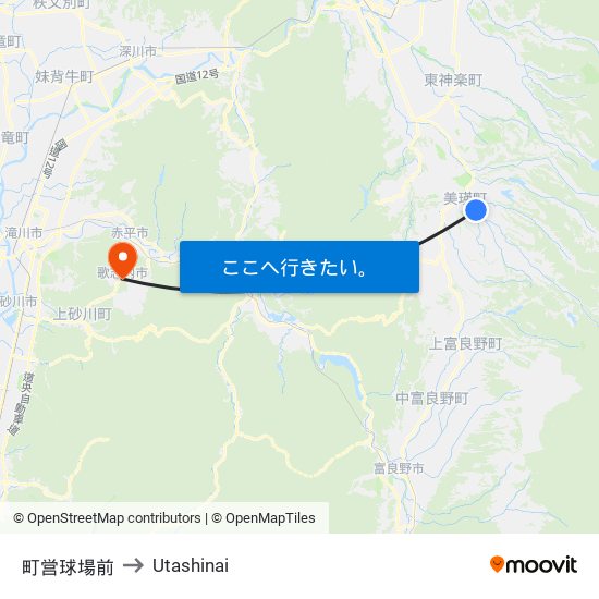 町営球場前 to Utashinai map