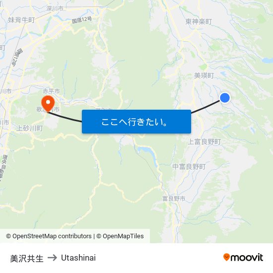 美沢共生 to Utashinai map