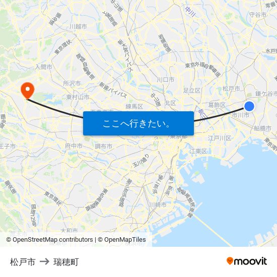 松戸市 to 瑞穂町 map