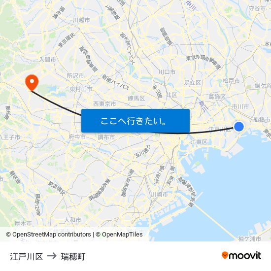 江戸川区 to 瑞穂町 map