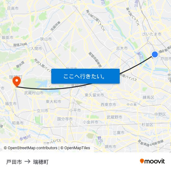 戸田市 to 瑞穂町 map