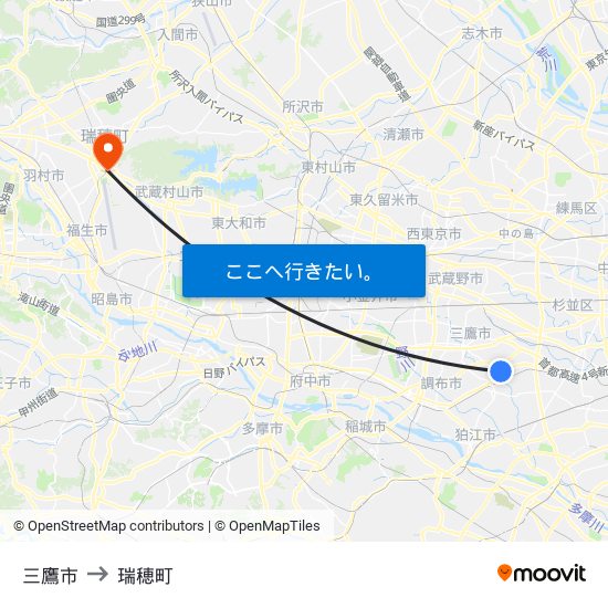 三鷹市 to 瑞穂町 map