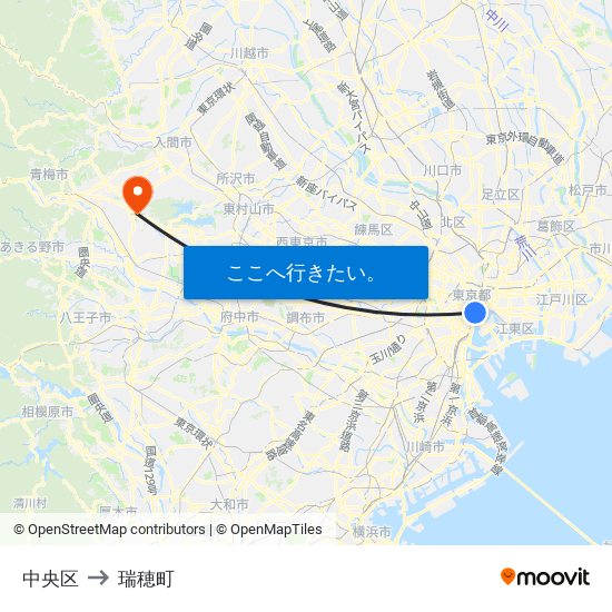中央区 to 瑞穂町 map