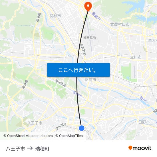 八王子市 to 瑞穂町 map