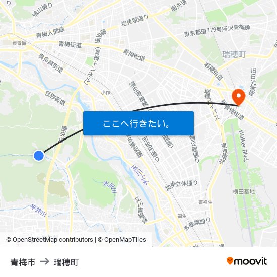 青梅市 to 瑞穂町 map