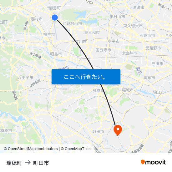 瑞穂町 to 町田市 map