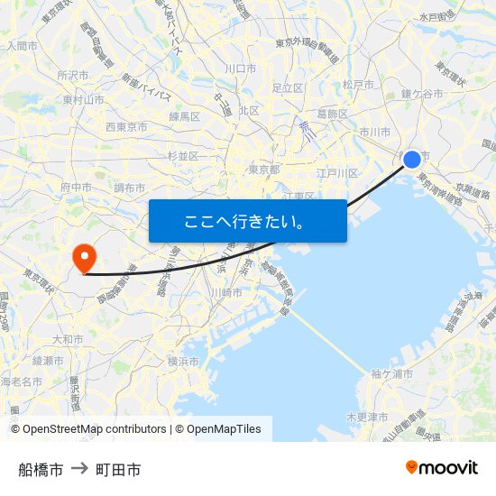 船橋市 to 町田市 map