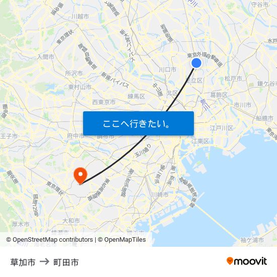 草加市 to 町田市 map