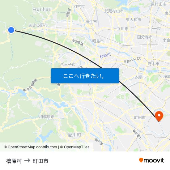 檜原村 to 町田市 map