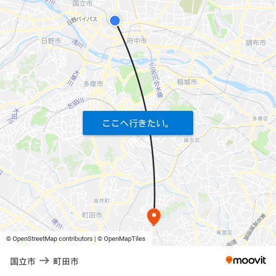 国立市 to 町田市 map