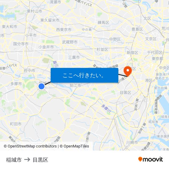 稲城市 to 目黒区 map