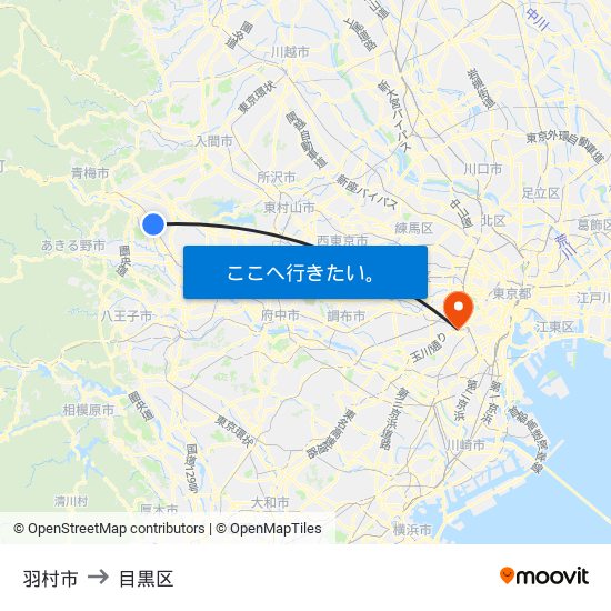 羽村市 to 目黒区 map