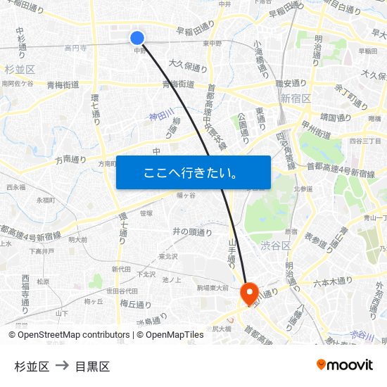 杉並区 to 目黒区 map