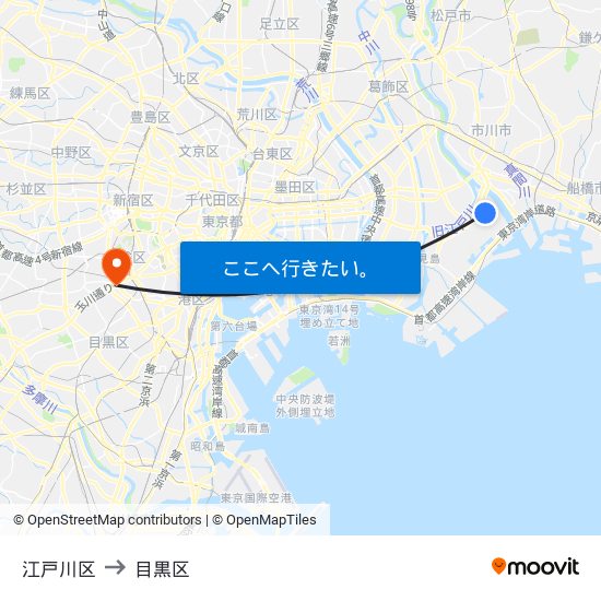 江戸川区 to 目黒区 map