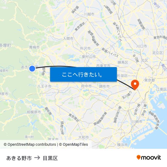 あきる野市 to 目黒区 map