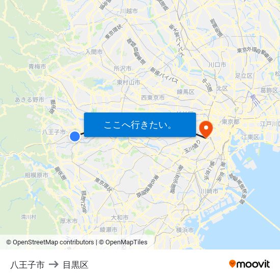 八王子市 to 目黒区 map