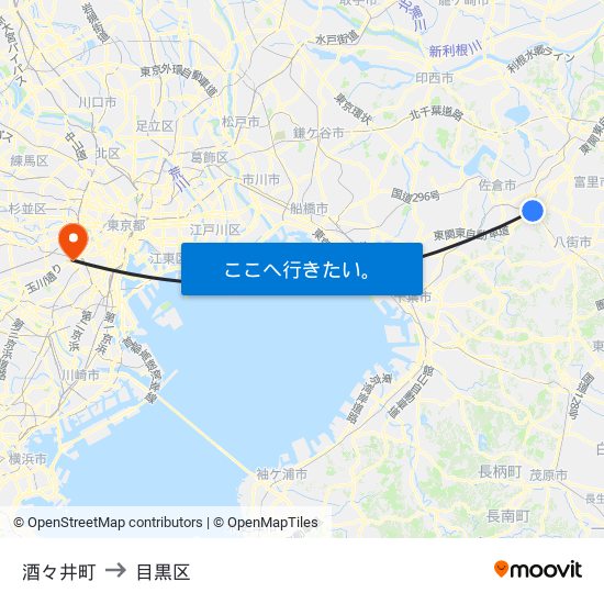 酒々井町 to 目黒区 map