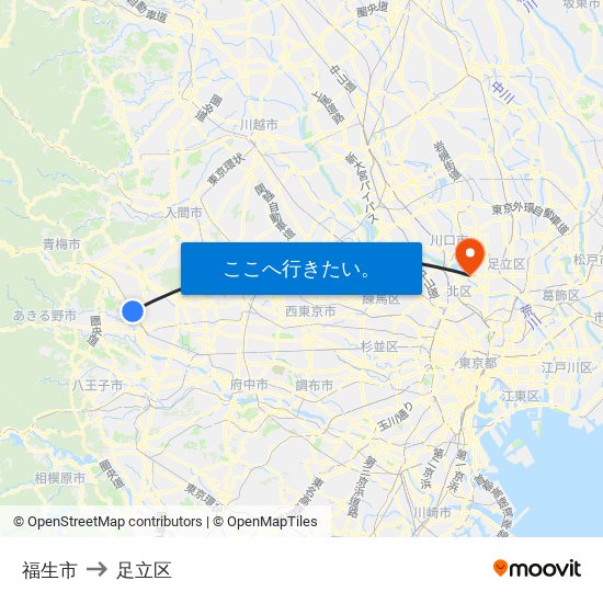 福生市 to 足立区 map