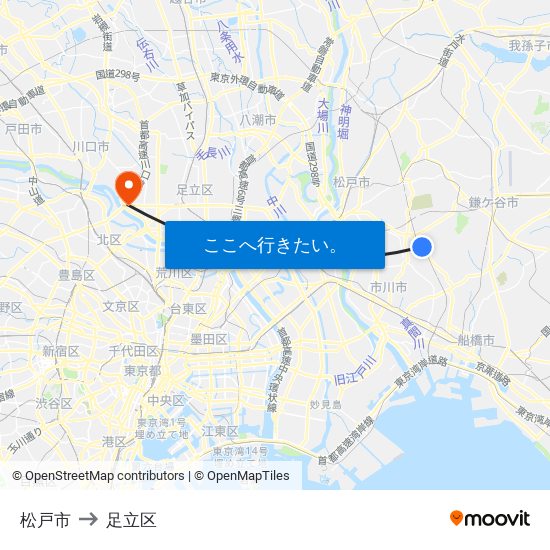 松戸市 to 足立区 map