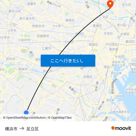 横浜市 to 足立区 map