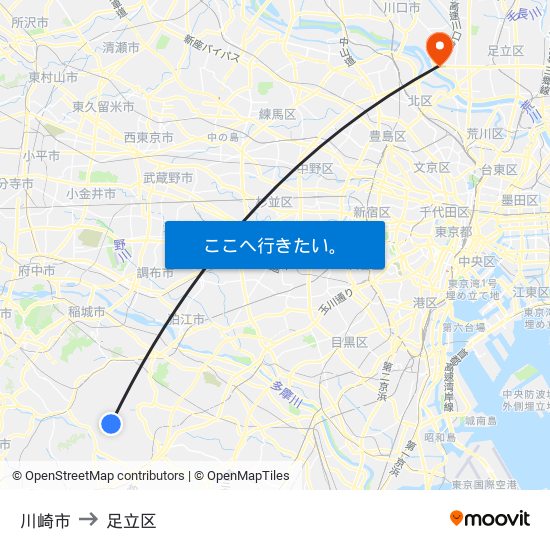 川崎市 to 足立区 map