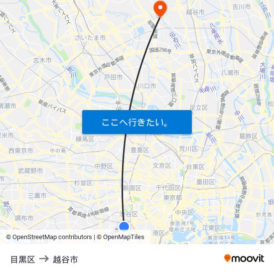 目黒区 to 越谷市 map