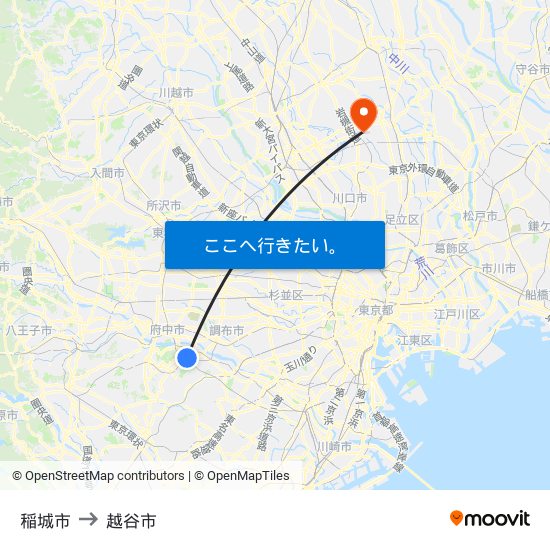稲城市 to 越谷市 map