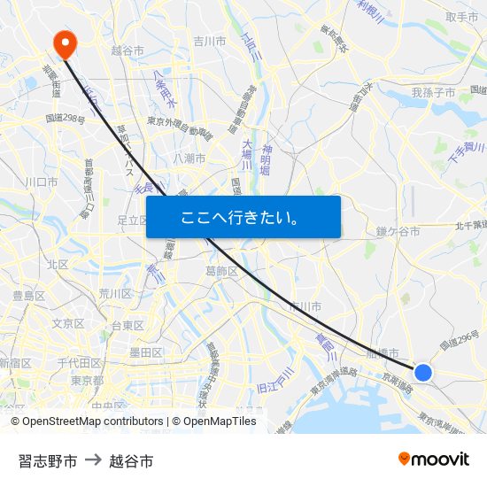 習志野市 to 越谷市 map
