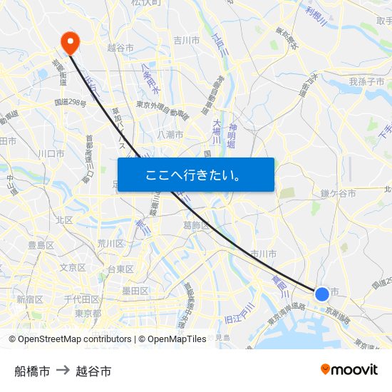 船橋市 to 越谷市 map