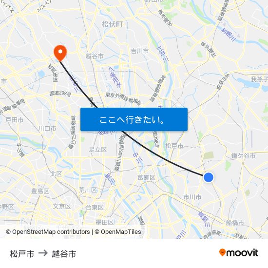 松戸市 to 越谷市 map