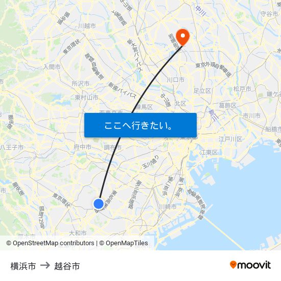 横浜市 to 越谷市 map