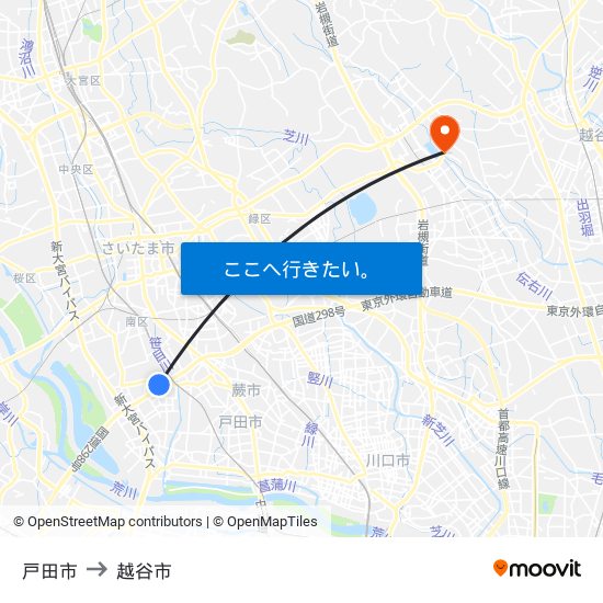 戸田市 to 越谷市 map