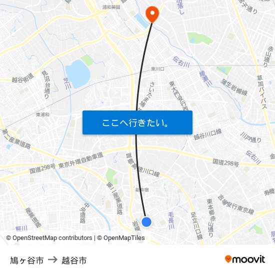 鳩ヶ谷市 to 越谷市 map