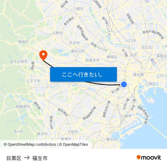 目黒区 to 福生市 map