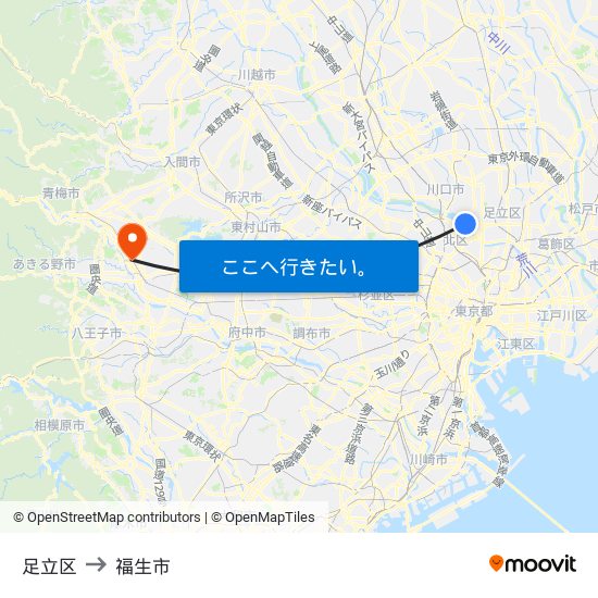 足立区 to 福生市 map
