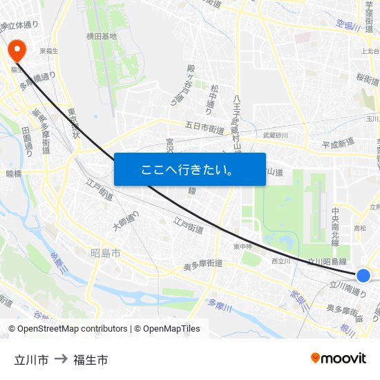 立川市 to 福生市 map